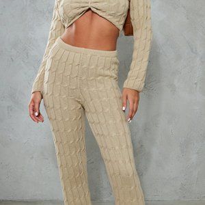 OATMEAL CABLE KNITTED WIDE LEG PANTS and TOP